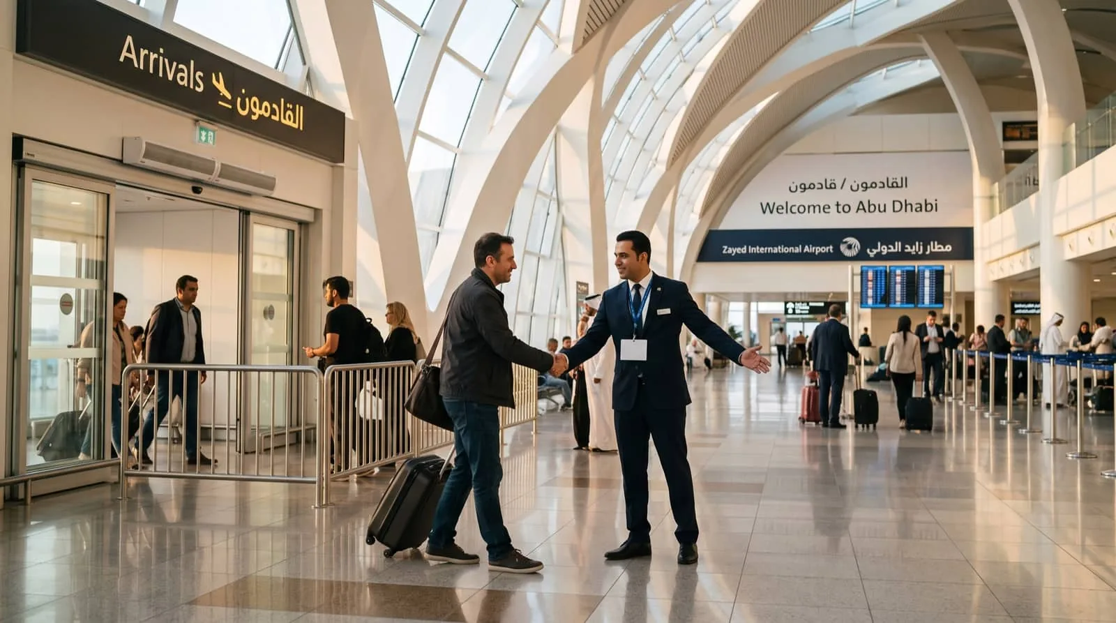 A drivoo chauffeur greets an arriving guest with a handshake at Zayed International Airport in Abu Dhabi