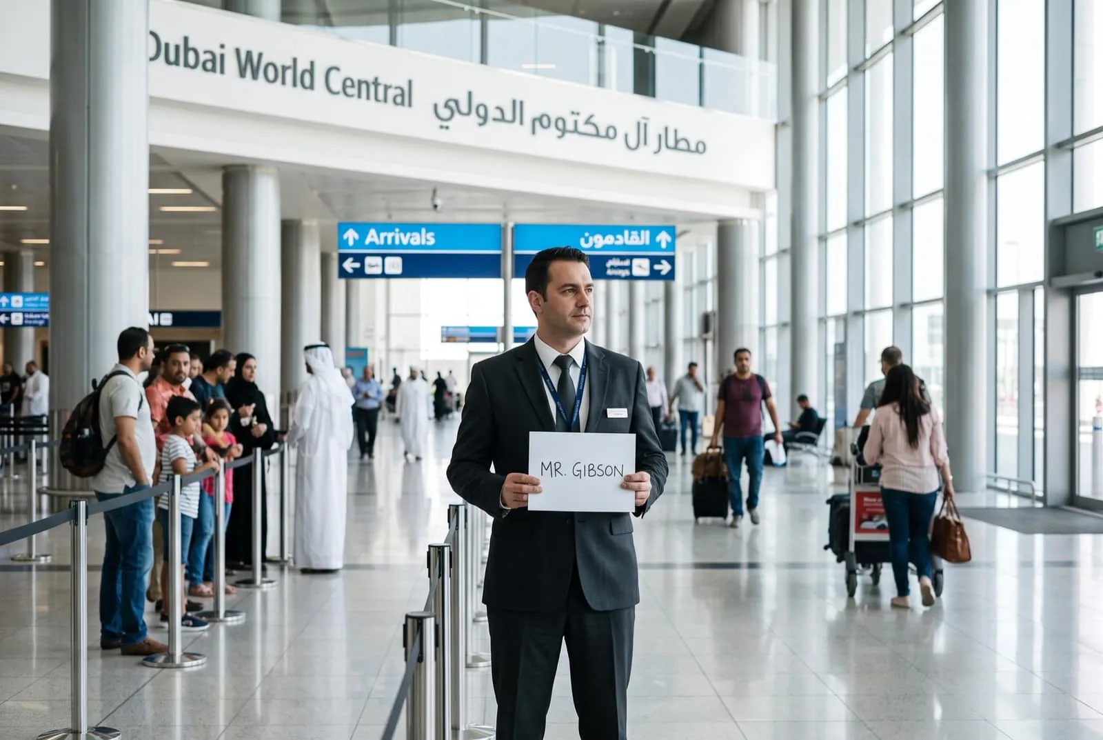 A drivoo chauffeur holds a name card in the arrivals hall at Dubai World Central airport