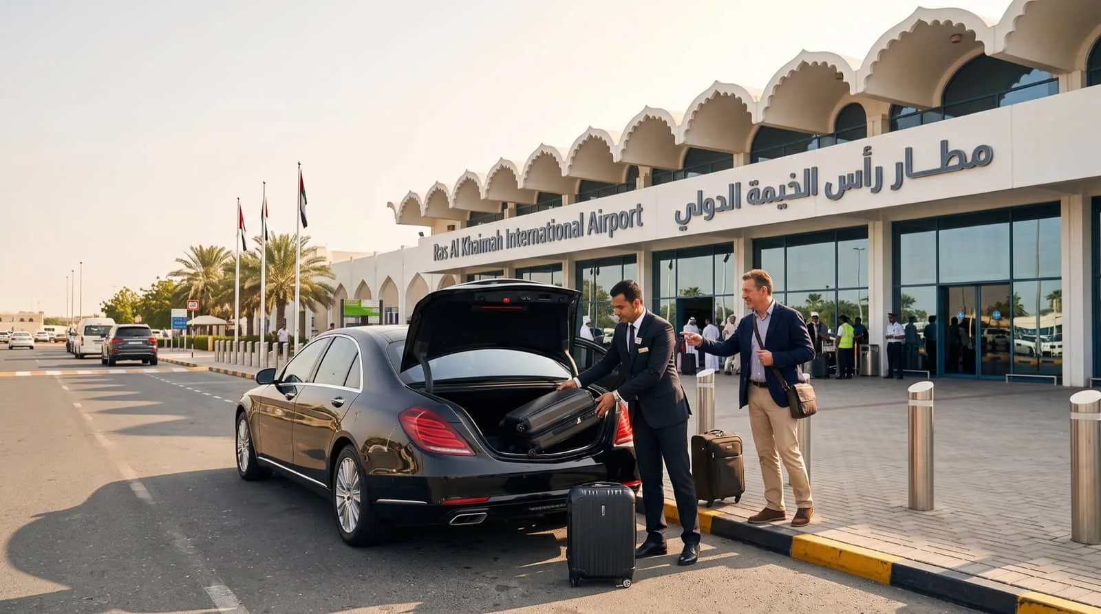 A drivoo chauffeur loads a guest luggage into an executive sedan at Ras Al Khaimah International Airport