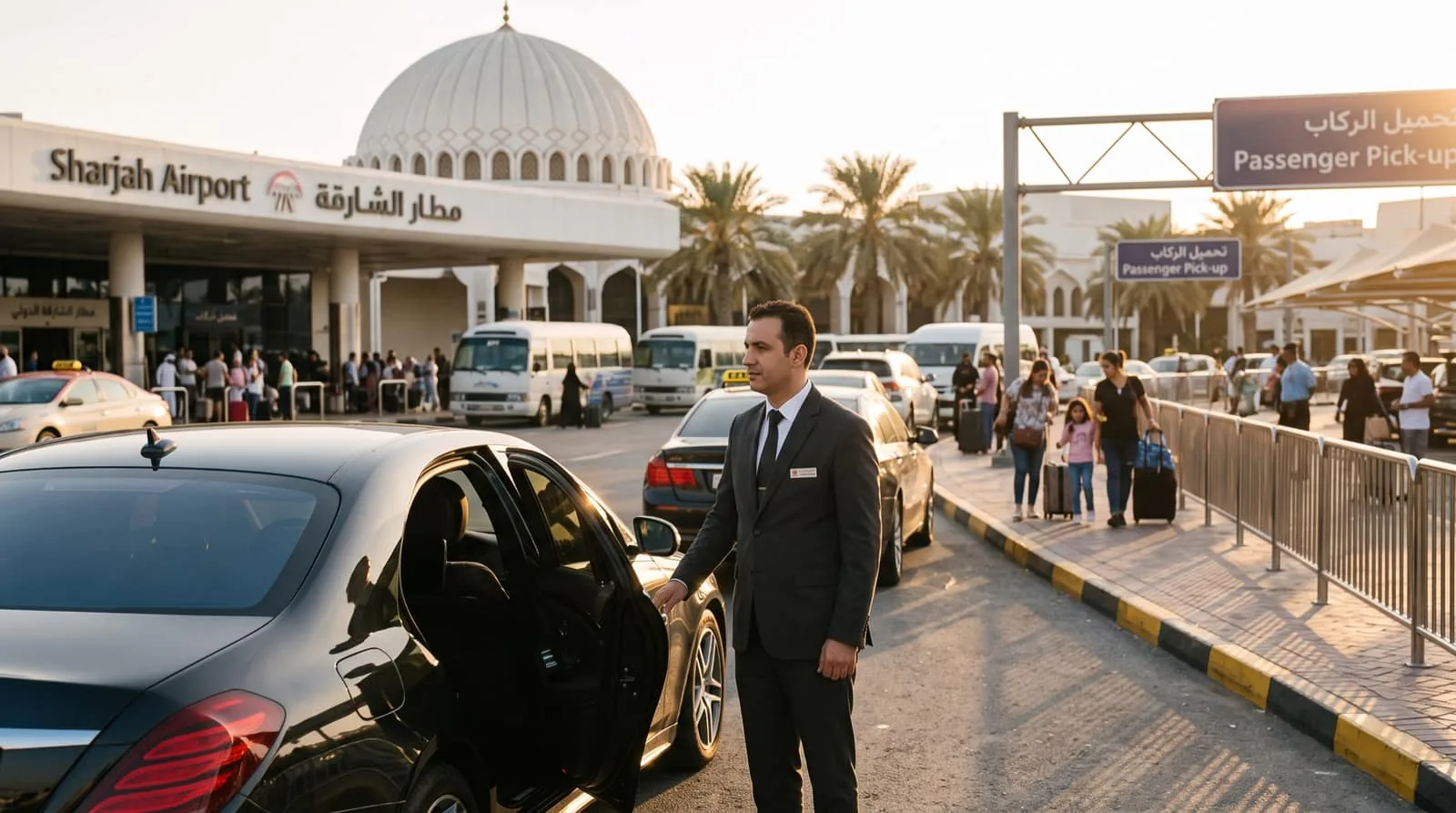 A drivoo chauffeur opens the door of an executive sedan in the passenger pick-up area at Sharjah Airport
