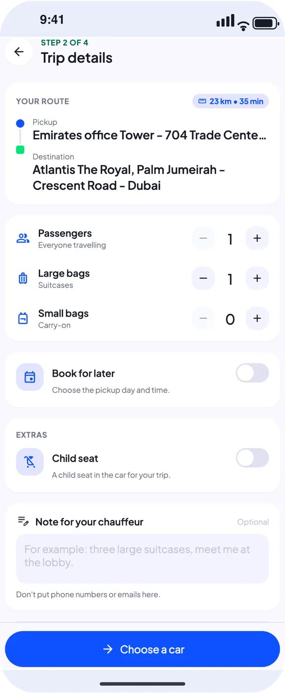 The drivoo rider app: trip details with passengers, bags and a child seat