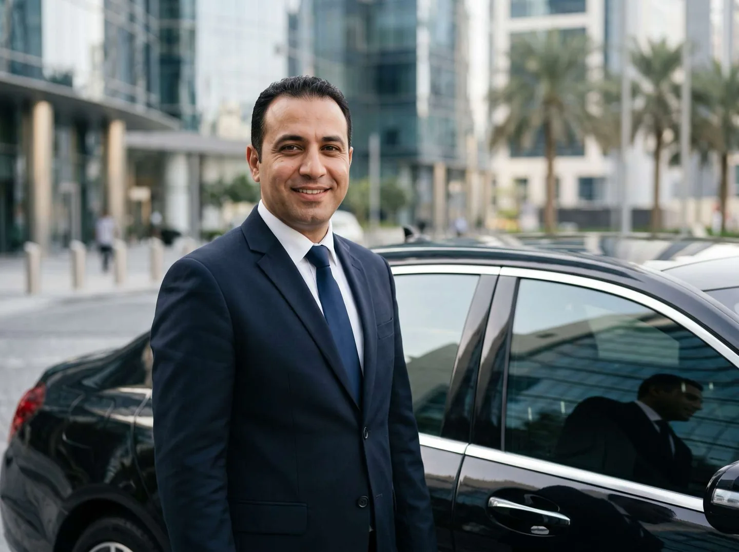 A smiling chauffeur in a dark suit standing beside a black sedan in a city street