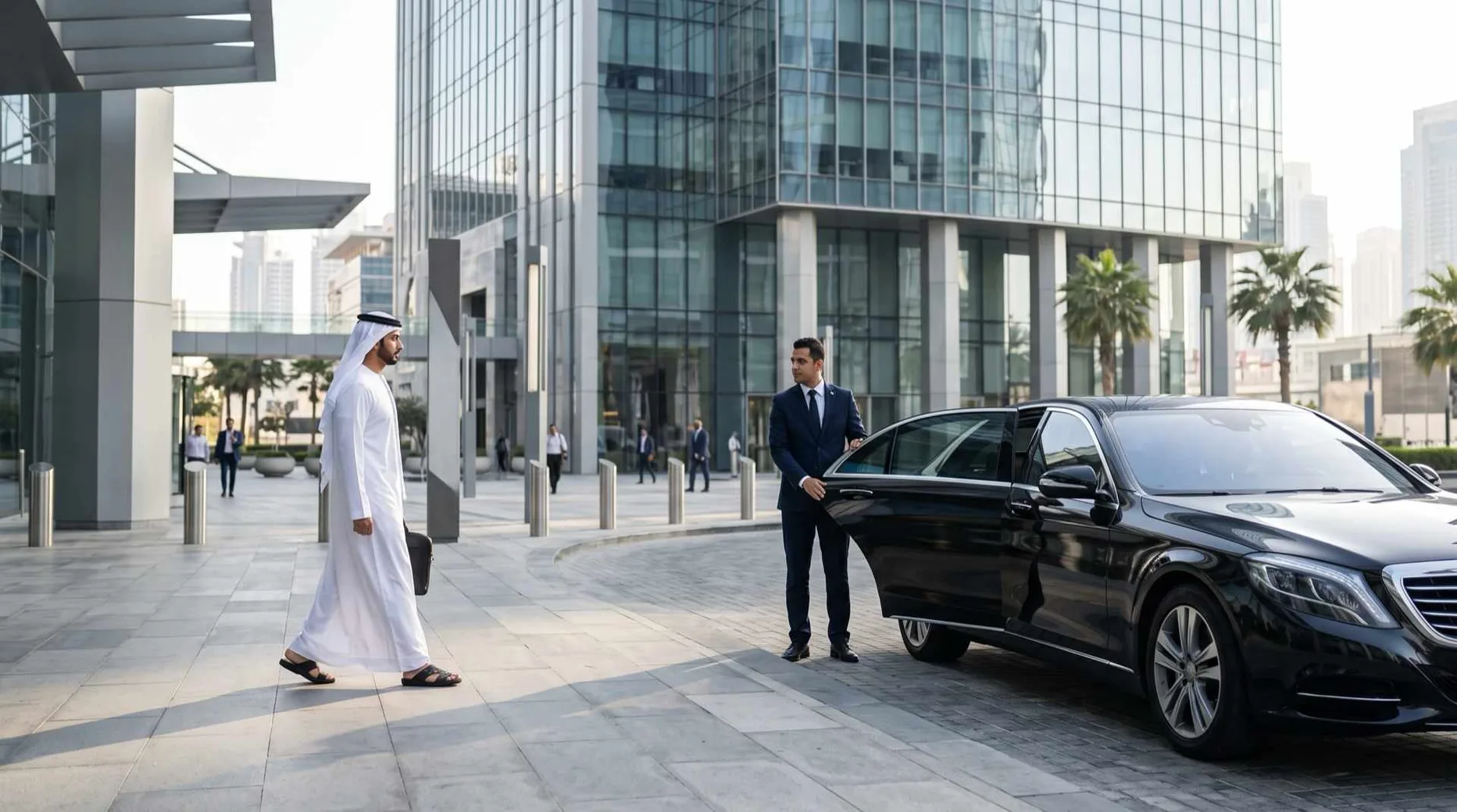 A chauffeur waits by a black sedan outside an office tower as a guest walks up