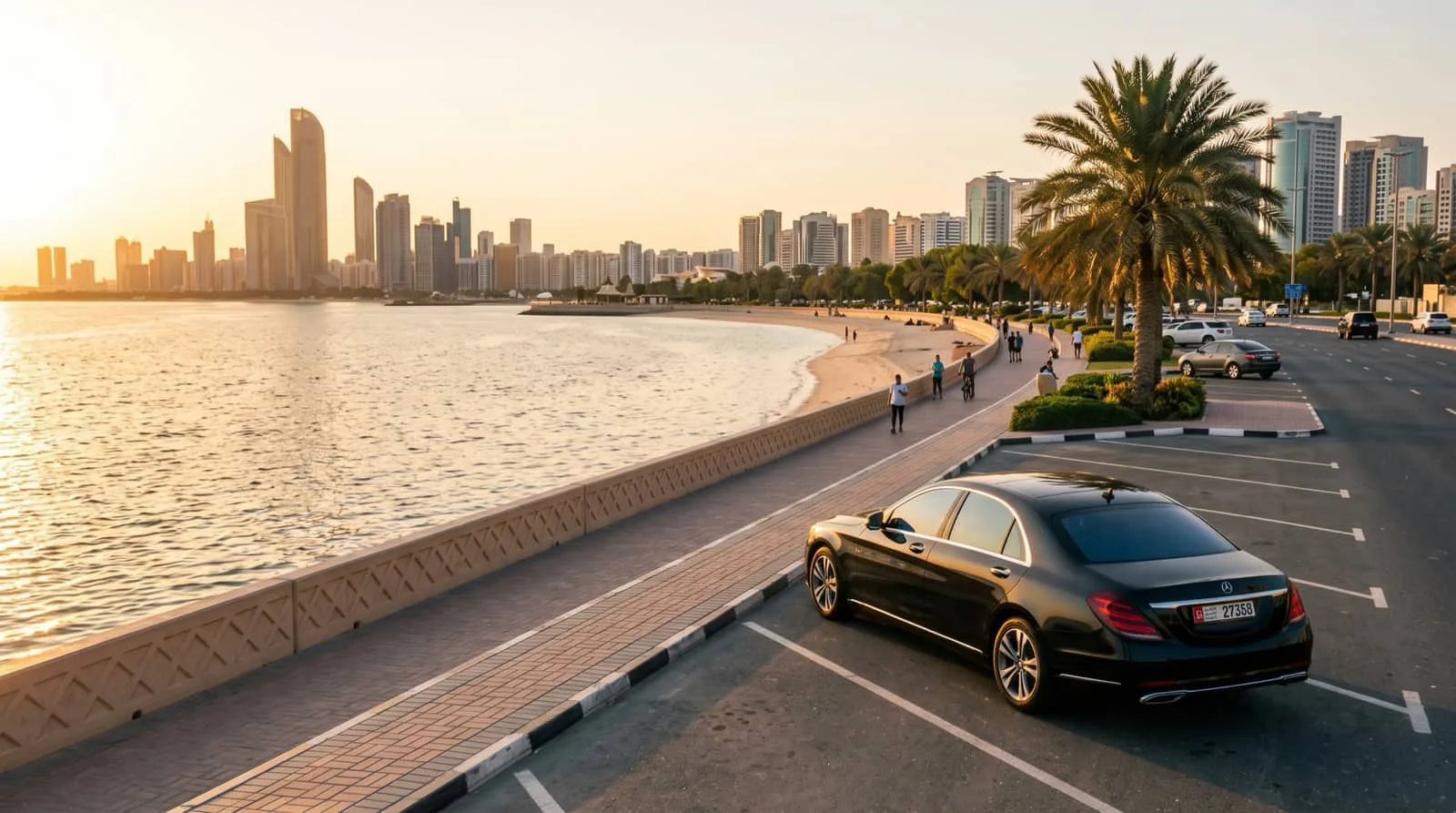 The Abu Dhabi Corniche at golden hour, with a black sedan parked on the promenade road beside the water