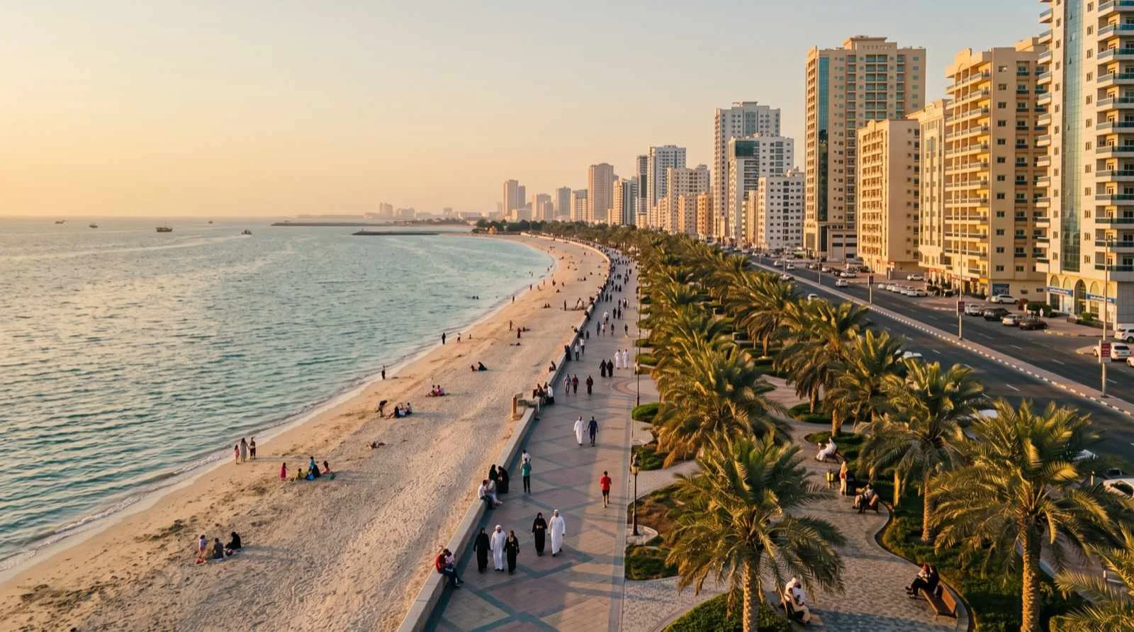 The Ajman beachfront and corniche with palm trees and towers at sunset