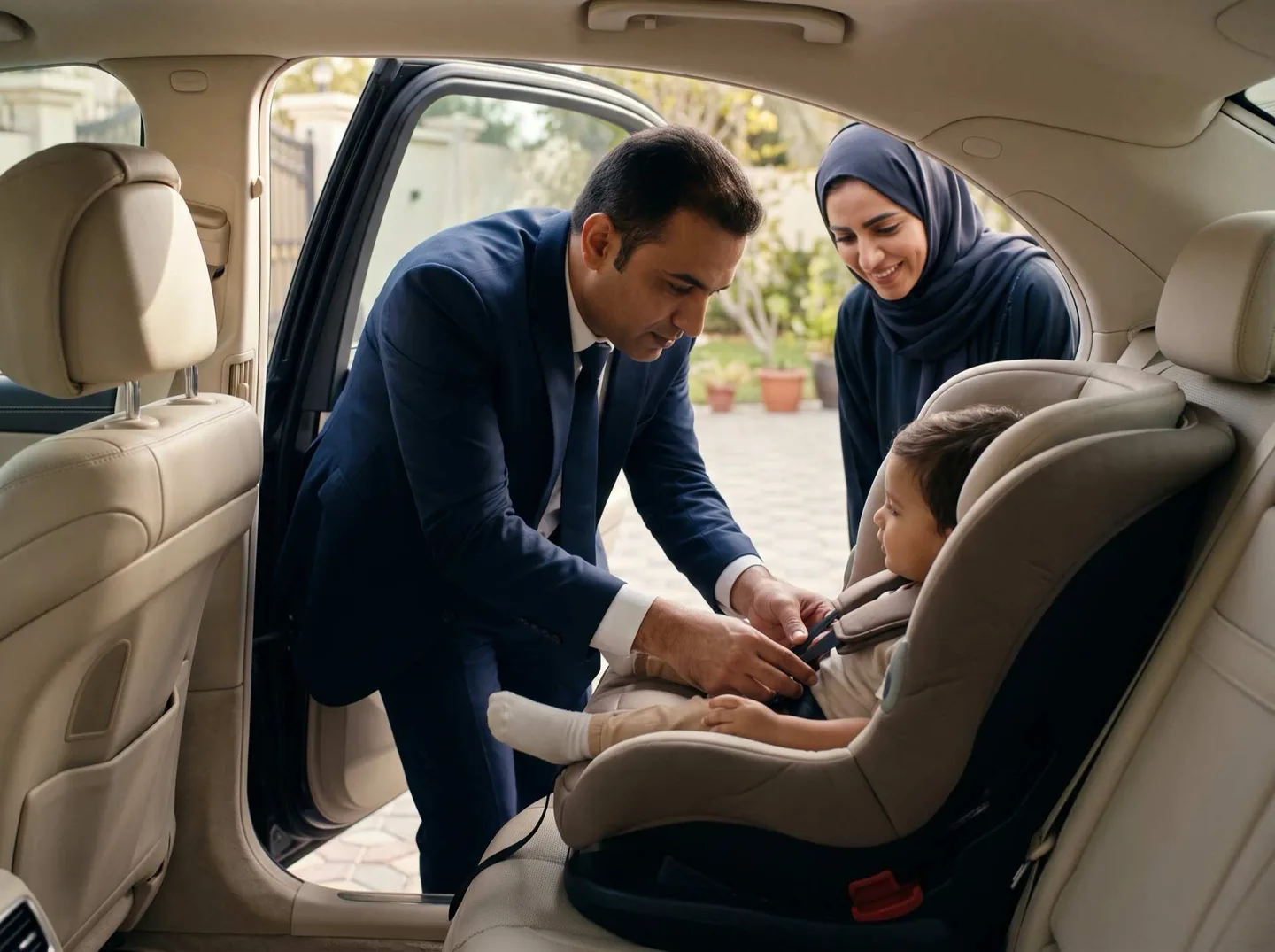 A chauffeur fastens a young child into a child seat in the back of a car as the mother watches