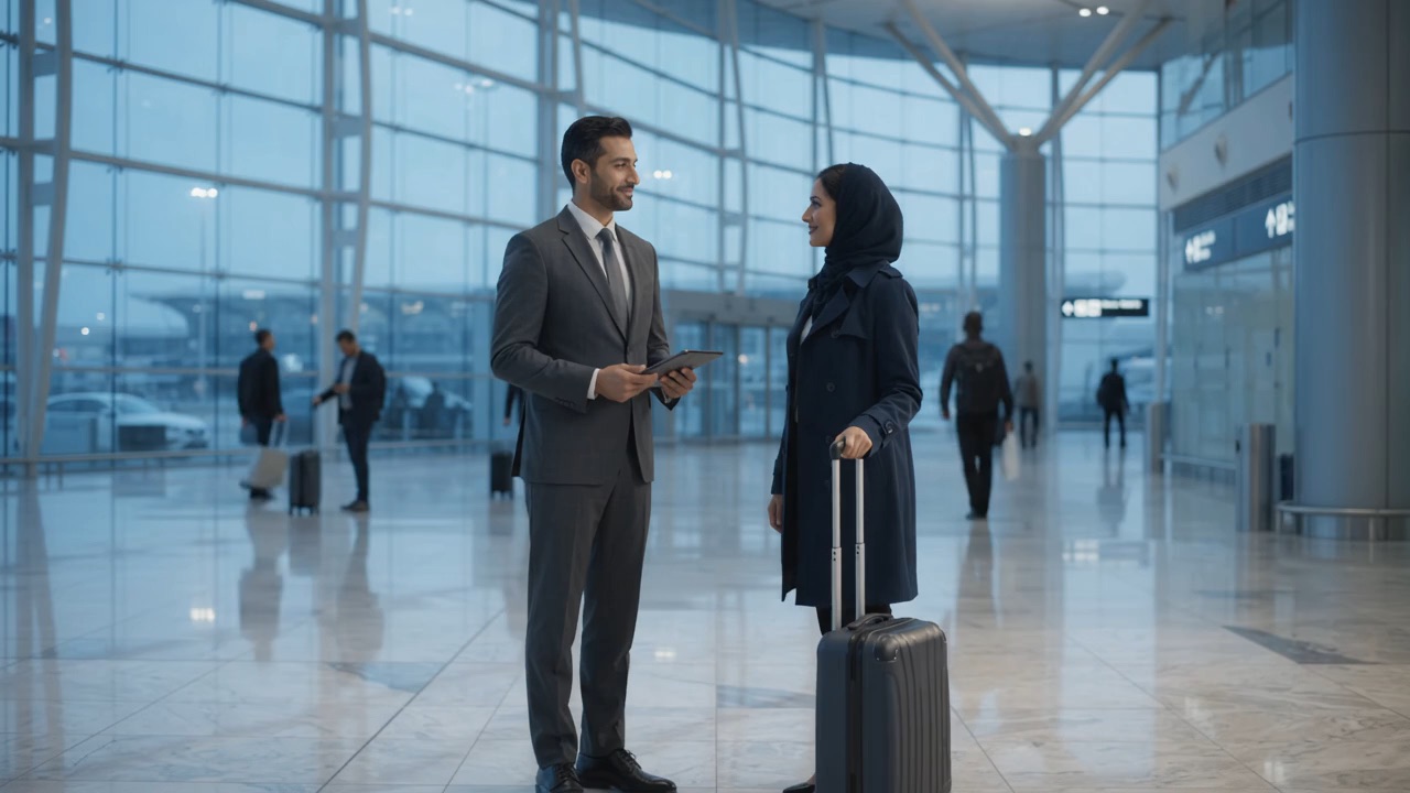 A chauffeur welcoming an arriving guest and her suitcase in a UAE airport arrivals hall