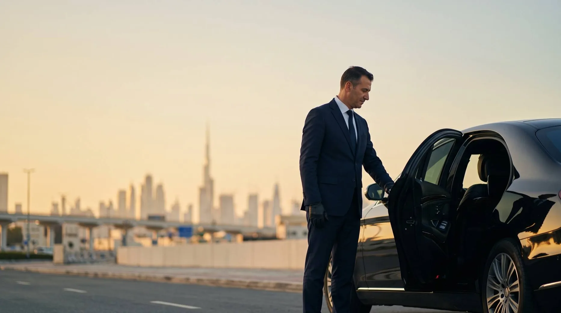 A chauffeur opens the rear door of a black sedan at golden hour, the Dubai skyline behind