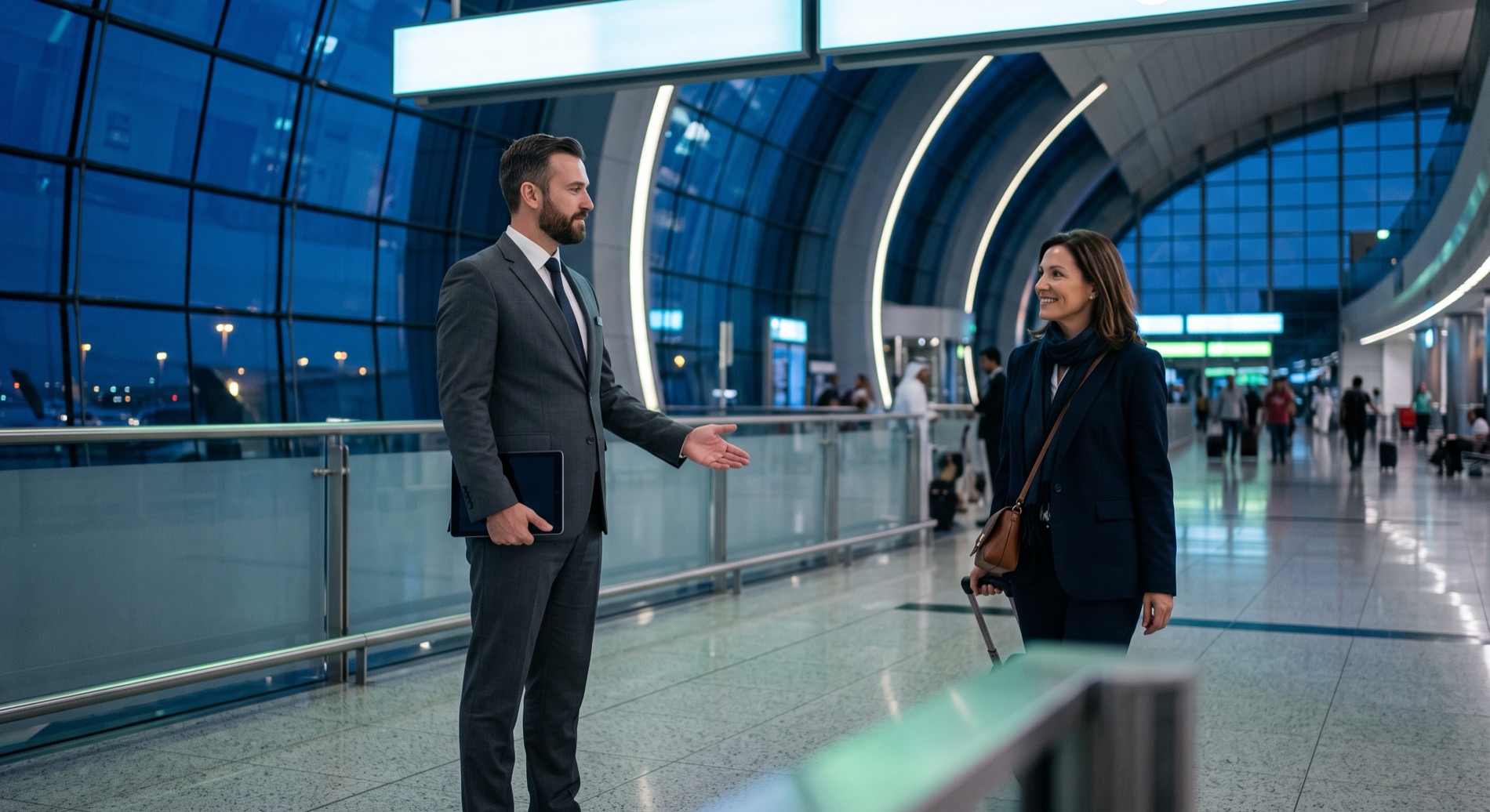 A drivoo chauffeur greeting an arriving guest in a UAE airport arrivals hall