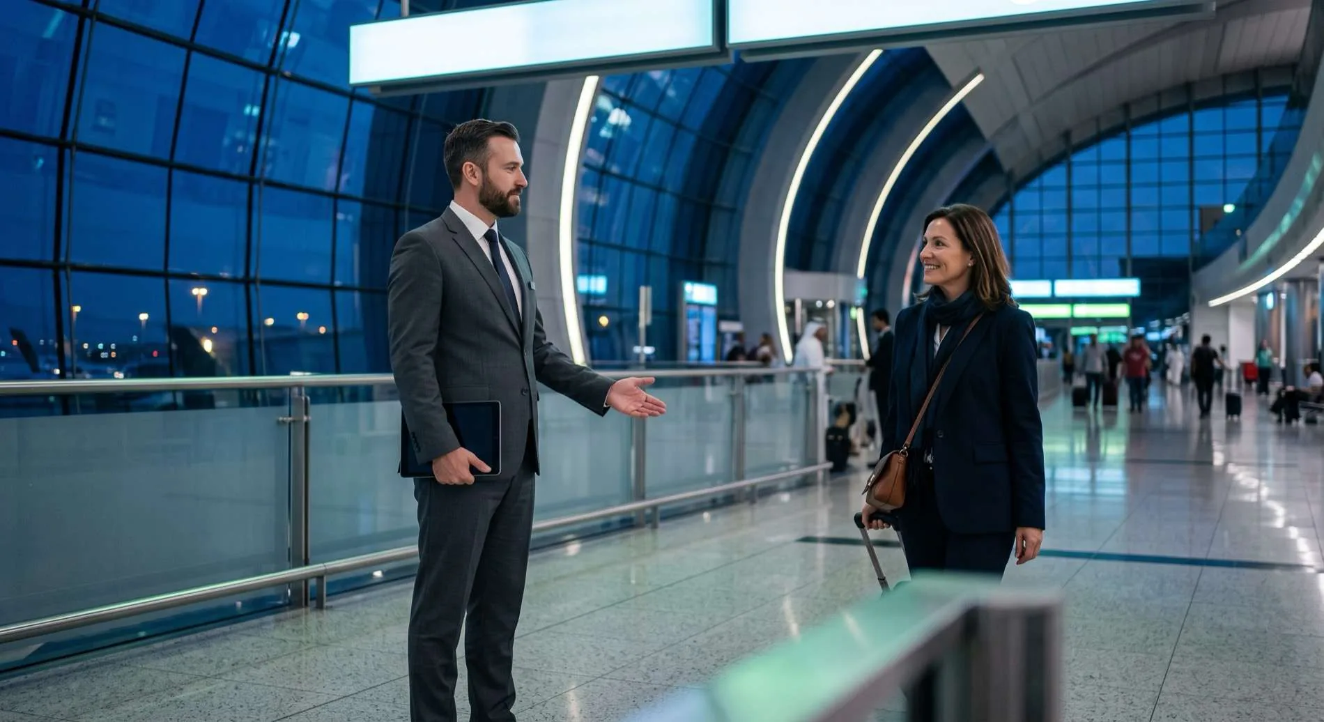A chauffeur welcoming an arriving guest and her suitcase in a UAE airport arrivals hall