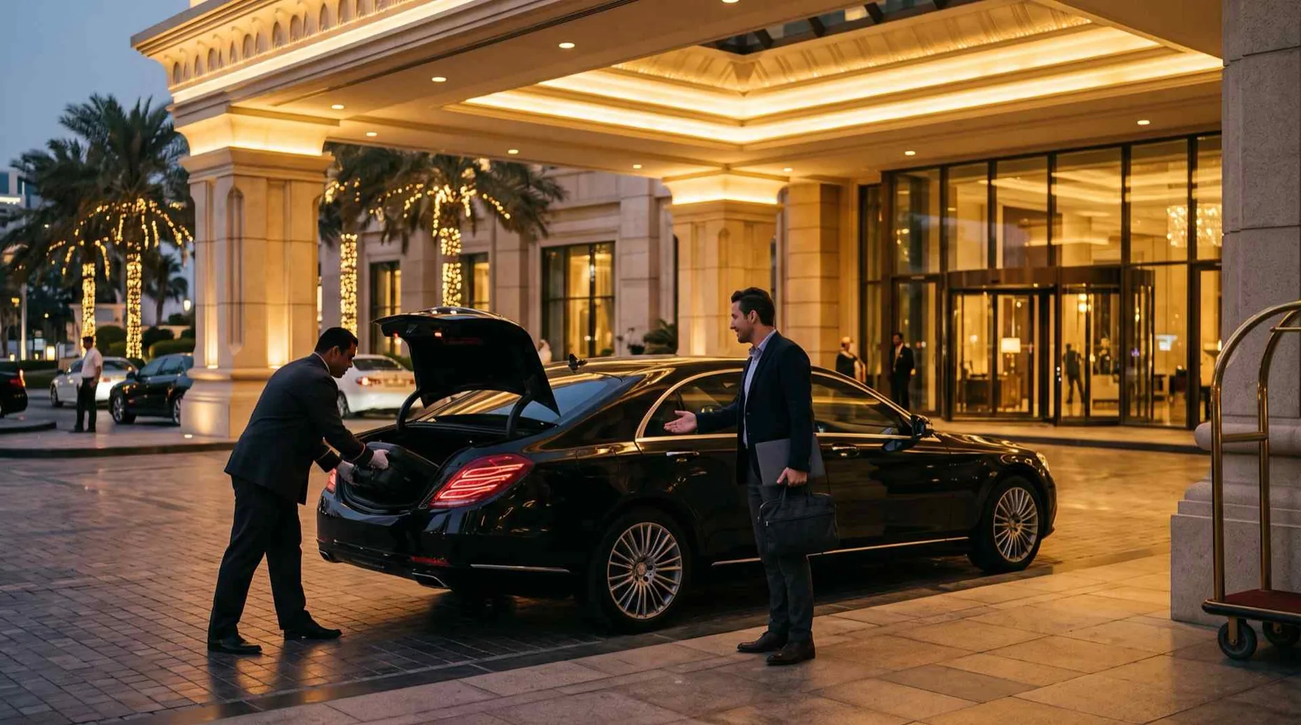 A chauffeur loads luggage into a black sedan at a hotel entrance in the evening