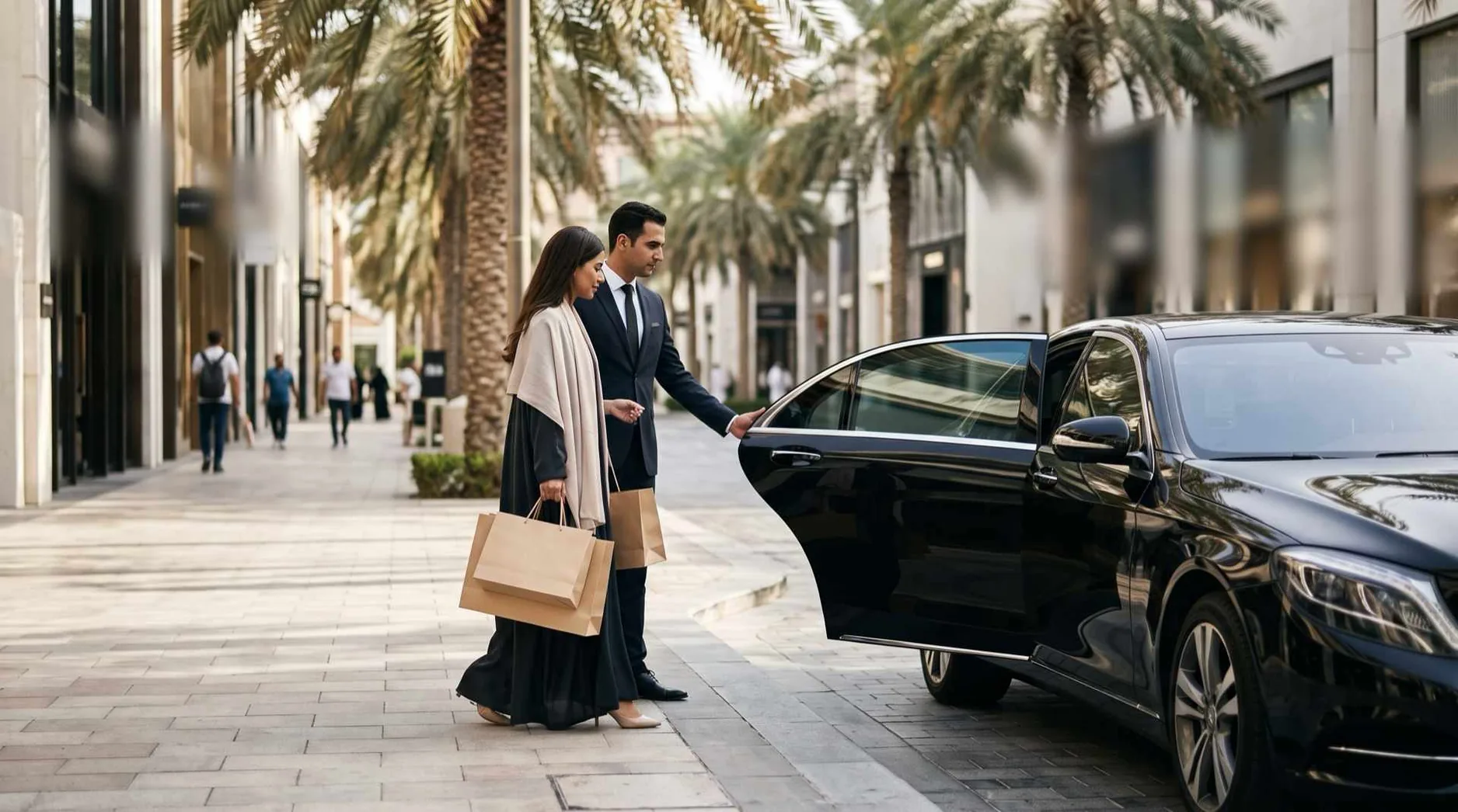 A chauffeur holds the rear door of a black sedan for a woman carrying shopping bags on a palm-lined street