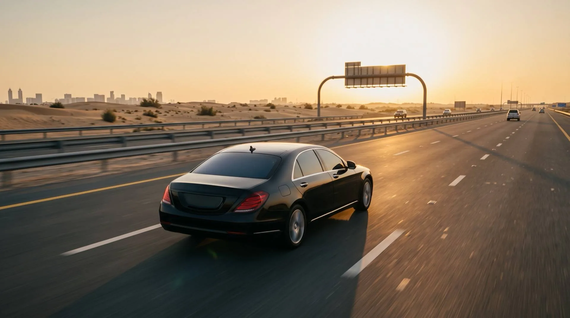 A black sedan on a desert highway at sunset