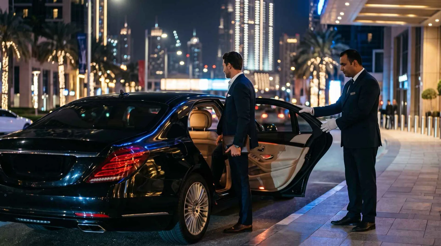 Two chauffeurs by a black limousine with its rear door open, at night among city towers
