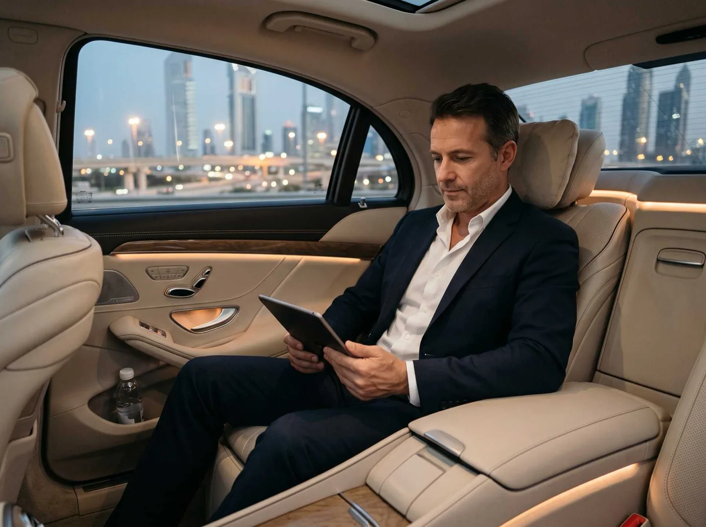 A passenger reading a tablet in the cream leather rear seat of a limousine, city towers through the window