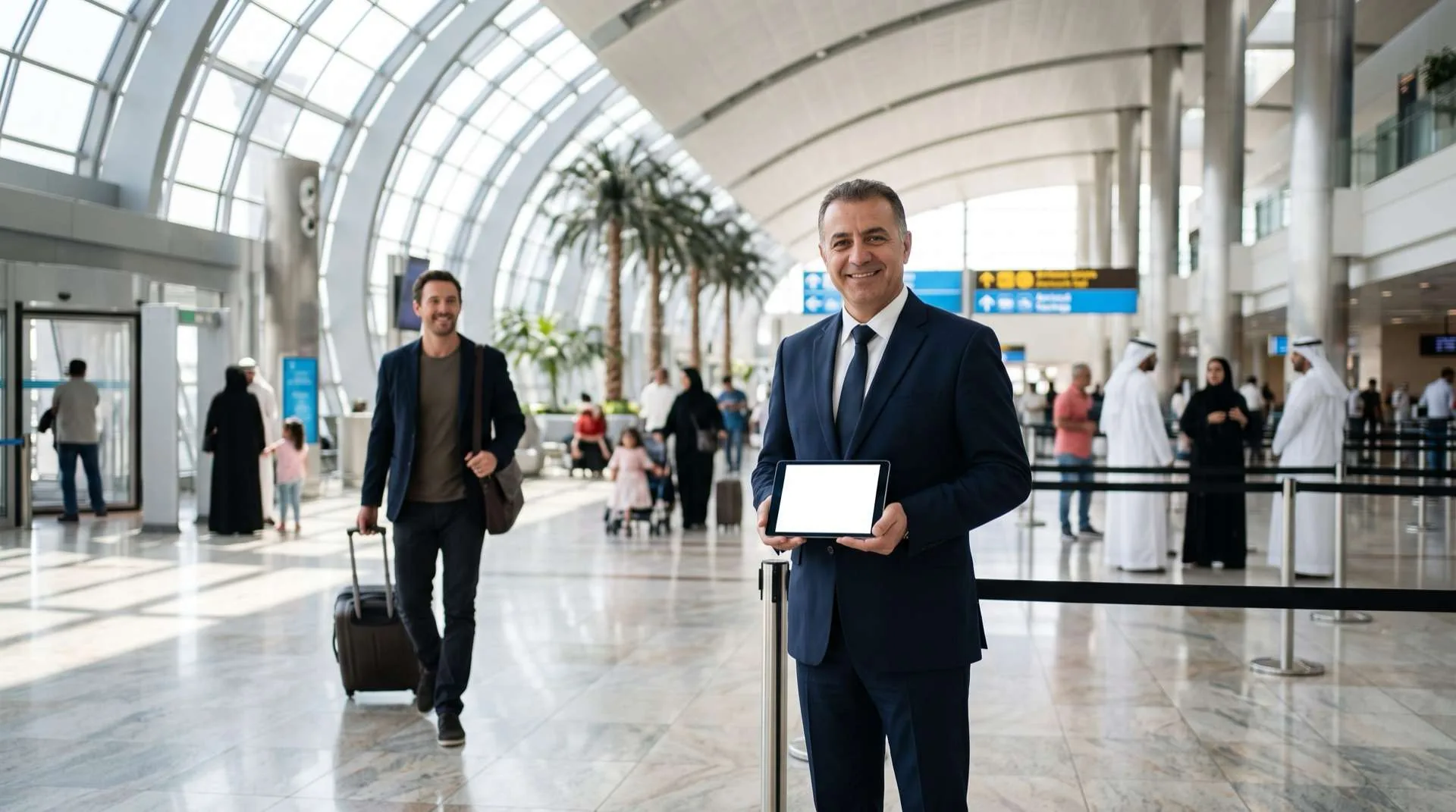 A chauffeur holding a tablet waits for an arriving guest with a suitcase in an airport arrivals hall