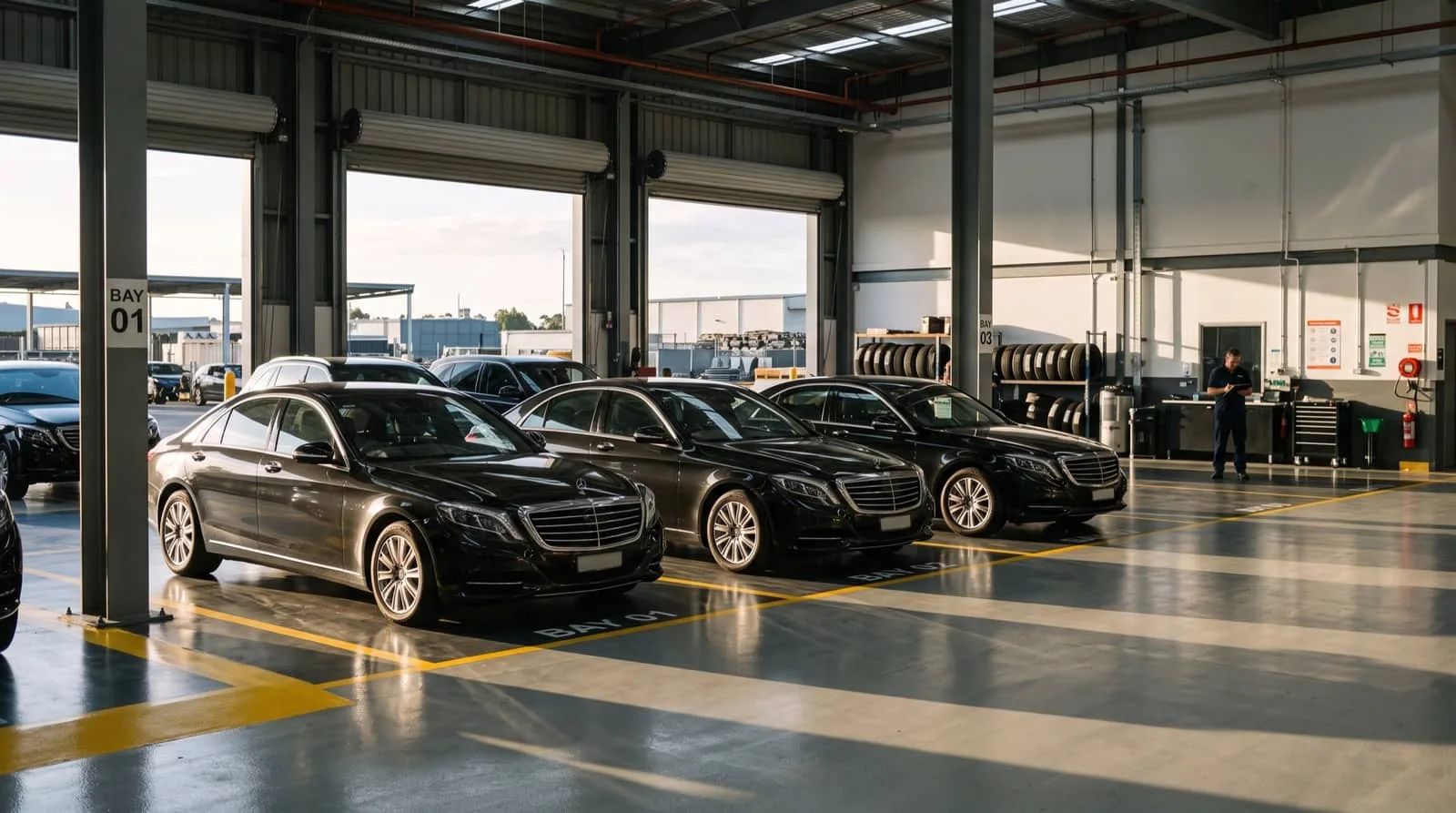 Executive sedans parked in a limousine company garage
