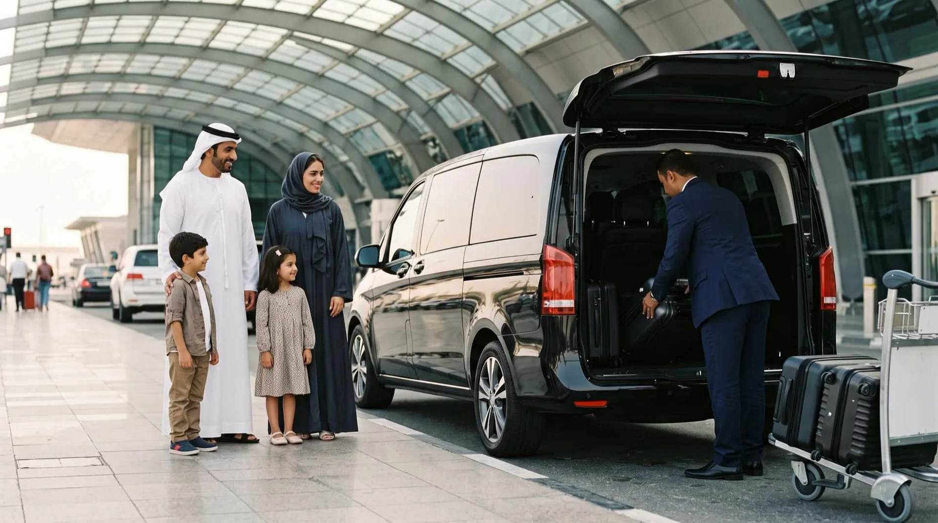 A family with two children waits as a chauffeur loads their bags into a black van at an airport